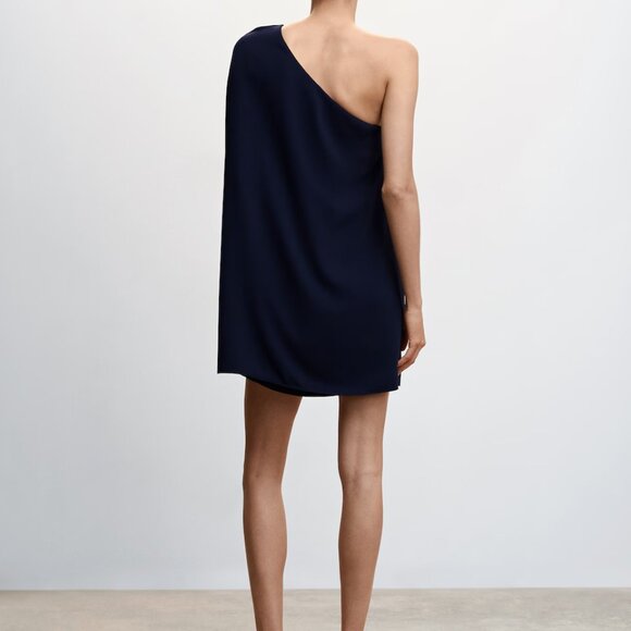 Mango Dark Blue One-Shoulder Cape Dress (Size Small) - Picture 6 of 6